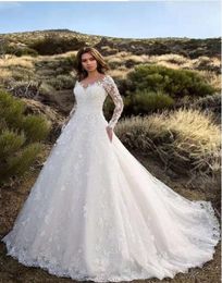 Beach Style A Line Long Sleeve Wedding Dresses Sweep Train Gowns White Lace Low Back Model Bridal7200448