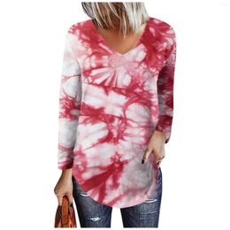 Women's T Shirts Autumn And Winter Versatile T-Shirt Tops For Women Loose Pullover V-Neck Colour Block Printed Irregular Hem Long-Sleeved