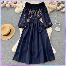 Casual Dresses Women's Summer One-Piece Boho Sexy Embroidery Flower Spring Off Shoulder Long Dress Short Elastic Waist Beach