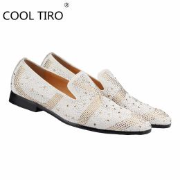 Boots Cool Tiro White Suede Leather Formal Rhinestones Flats Mens Casual Wedding Dress Man Loafers Shoes Moccasins Business Party Shoe