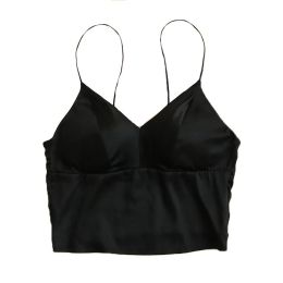 Birdtree 93% Mulberry Silk 7% Spandex Women Silk Camis Sexy Camisole Padded Bralette Tube Top with Bra Black White M-XL P36082QC