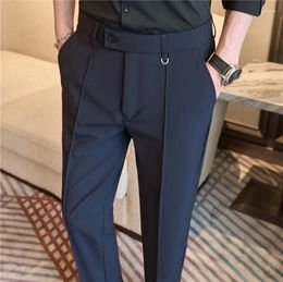 Men's Suits 28-40 Metal Decorated Suit Pants For Men Elastic Waistline Casual Business Dress Slim Fit Office Social Trousers 2024