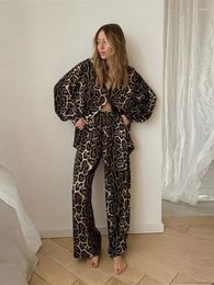 Women's Two Piece Pants Leopard Print Shirt 2 Set Women Loose Turn-down Collar Single Breasted Shirts And Wide Leg Trousers 2024 Female Suit