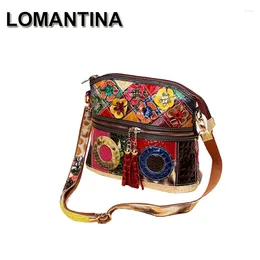 Bolsas de ombro LOMANTINA Couro Genuíno Casual Multi Color Messenger Bag Snake Pattern Mulheres Coloridas Flores Borlas Bolsa Única