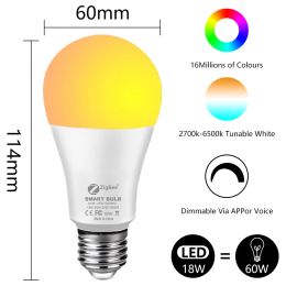 Tuya Zigbee Smart Bulb E27 12W 15W 18Wスマートライフアプリコントロールカラー変更RGBランプ85-265V Alexa Google Homeで動作する