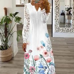 Casual Dresses Vintage Women Beach Dress Cover-Ups Long V Neck Splicing Lace Spring Single-breasted Floral Print Fashion Maxi