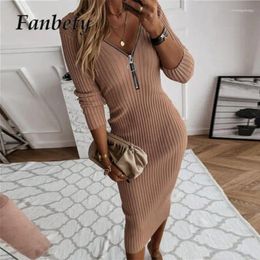 Casual Dresses Fall Winter Vertical Striped Office Party Dress Female Solid Long Sleeve Elegant Women Zip V-Neck Slim Ribbed