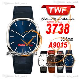 TWF 35.6mm GOLDEN ELLIPSE 3738/100P A9015 Automatic Mens Watch 3738 Blue Dial Sapphire Silver Case Blue Leather Strap Watches hellowatch PPHW Z24b