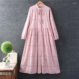 Casual Dresses Autumn Sweet Solid Stand Collar Hollow Embroidered Dress Women Long Sleeve Single Breasted Midi