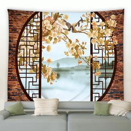 Chinese Style Retro Landscape Tapestry Modern Background Wall Hanging Decoration Blanket for Bedroom Living Room Garden Backdrop 240325