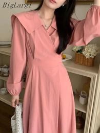 Casual Dresses Spring Summer Dress Women Korean Long Sleeve Wrap Bandage Elegant Sailor Collar A-line Ladies Female Vestidos