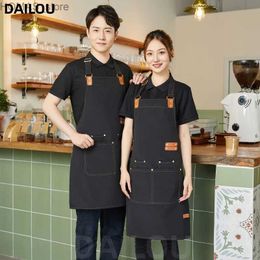 Aprons New Canvas Apron Kitchen Apron Mens and Womens Waterproof Barbecue Coffee Apron with Pockets Barbecue Baking Apron Cape Y240401DWOZ