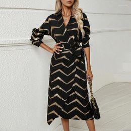 Casual Dresses Striped Lace Up Shirt Dress Spring Office Ladies V-neck Long Sleeved Elegant Draped Loose Party Maxi Vestidos
