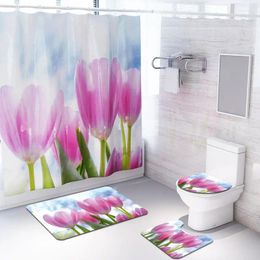 Shower Curtains Tulip Fabric Curtain Pink Flowers Bath Mats Sets Spring View Bathroom Set Pedestal Floor Mat Non-slip Rug Carpet
