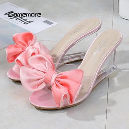 Slippers Comemore Bow-knot Wedge Transparent Luxury Women Shoes Clear Heel 2024 Womens High Heels Summer Women's Sandals