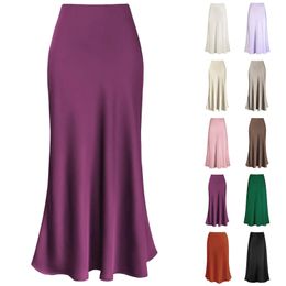 Elegant Silk Satin Skirts For Women High Waisted Skirt Korean Fashion ALine Faldas Solid Colour Glossy Office Lady 240326