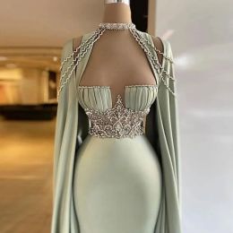 Elegant Mermaid Evening Dresses With Detachable Cape Beaded Crystal Formal Prom Gowns Plus Size Pageant Wear Party Gown Robe de