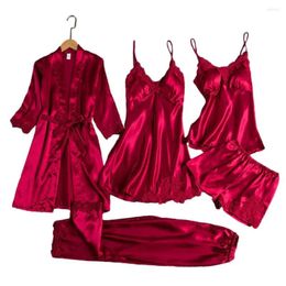 Home Clothing Women 5-piece Pyjama Set Elegant Silky Satin Lace Patchwork Women's Pyjamas With Lace-up Waist Top Shorts Pants 5 Piece