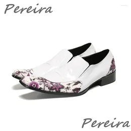 Dress Shoes White Flower Printed Genuine Leather Fashion Slip On Square Toe Men's Business Casual Wedding Party Oxfords