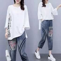 Women's Two Piece Pants 2024 Summer Sets Fashion Thin White Print CottonT-shirt Sports Denim Pant 2 Suit Female Jeans Black Shirt