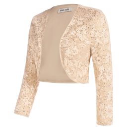 GK Women 3/4 Sleeve Open Front Cropped Shrug Wedding Sparkling Sequined Bolero Cropped Open Front Tops Floral Lace Short Jacket
