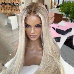 Ash Blonde Highlight Coloured Lace Front Wig With Roots Straight Double Dawn HD Lace Forntal Wig Brazilian Virgin Human Hair Wigs