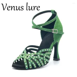 Dress Shoes Lure 9CM Green High Heel Dance Sandals With Small Beads