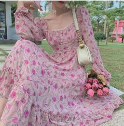 Casual Dresses Women Print Sleeve Length Long Dress Spring Summer Square Collar Elegant Beach Holiday Korean Women's Clothing Vest