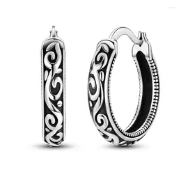 Hoop Earrings Exquisite 925 Sterling Silver Black Retro Grass Patterned Rattan For Women's Dating Cool Jewellery Accessories