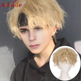 Wigs AILIADE Short Curly Cosplay Men Boy Party Light Yellow Synthetic Heat Resistant Hair Wigs Men's Breathable Wig