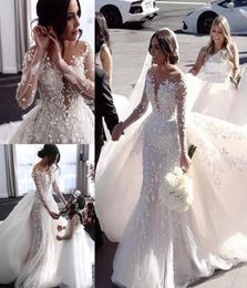 2021 Designer Lace Mermaid Wedding Dresses With Detachable Train Sheer Neck Long Sleeve Bridal Gowns 3D Floral Applique Marriage G1530513