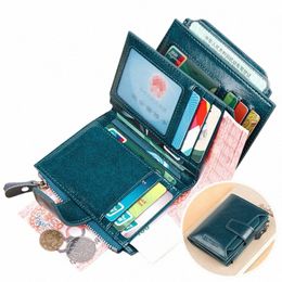 rfid Tri-fold Short Women Wallets with Coin Zipper Pocket Minimalist Bi-fold Genuine Oil Wax Leather Wallet Women Ladies Purses A9P7#
