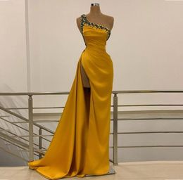 Sexy Women Evening Gowns One Shoulder Crystal Satin Mermaid Prom Dress with High Split Backless Red Carpet Dresses6301055