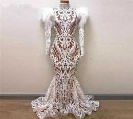 See Through Mermaid Evening Dresses With Long Sleeves Lace Appliques Feathers Dubai African Prom Dress Long Sleeves High Neck Part2255199