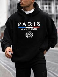 Stylish PARIS Print Hoodie for Casual Men: Graphic Design Pullover with Kangaroo Pocket, Ideal Gift for Winter Fall