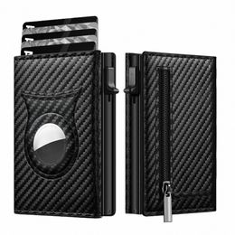 men's Carb Fiber Magnetic Card Holder PU Leather RFID Three-fold Automatic Card Holder With Zipper Coin Purse AirTag Wallet D4Ry#