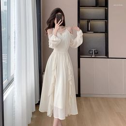 Casual Dresses 2024 Spring Cold Shoulder Midi Dress Women Long Sleeve French Elegant One Piece Korean Fashion Y2k Clothing Design Robe