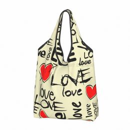 love Doodle Heart Folding Tote Bags for Women Men Supermarket Bag Portable Handbag Reusable Shop Grocery Bag for Outdoors 05GW#