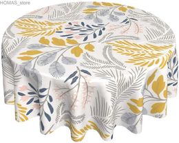 Table Cloth Retro Autumn Floral Round Table Cloth 60 Inch Yellow Grey Flowers Leaf Washable Wrinkle Stain-Resistant Table Cover Tablecloth Y240401