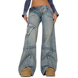 Women's Jeans Personalized Irregular Denim Split Design Sense Wash Water Low Waist Loose Flare Pants Tall Petite Yoga