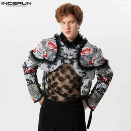 Men's Casual Shirts INCERUN Tops 2024 American Style Fashion Men Patchwork Floral Lace Personality Cropped Long Sleeved Cardigan Blouse