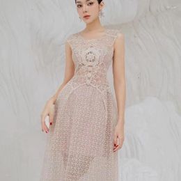 Casual Dresses Fashion Runway Spring Summer Lace Embroidery Flower Midi Dress Women Square Collar Sleeveless Tank Hollow Out Party Vestidos