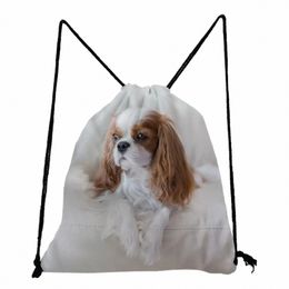 fi High Quality Drawstring Pocket Portable Charles Spaniel Dog Print Unisex Women's Backpack Shoes Bags Travel Softback Bag m858#