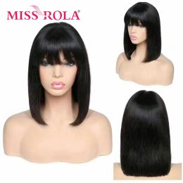 MISS ROLA Hair Short Bob Human Hair Wigs Machine Made Straight Bob Wig With Bangs 8-14 Inch Natural Colour 150% Density Brazilian