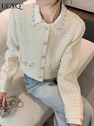 Women's Jackets UCXQ Korean Style Woollen Short Jacket Elegant All Match Patchwork Diamond Doll Neck Cardigan Coat Women 2024 Spring Autumn