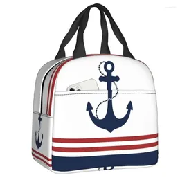 Storage Bags Nautical Navy Blue Anchor With Stripes Insulated Bag Leakproof Sailing Sailor Thermal Cooler Lunch Box Beach Camp Travel