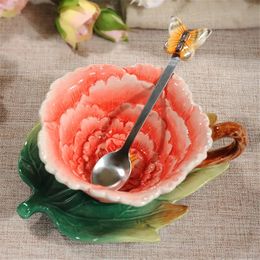 Coffee Cup Luxury Flower Ceramic European Afternoon Tea Saucer Set Elegant French Black Dessert Nordic Spoon Practical Modern 240329