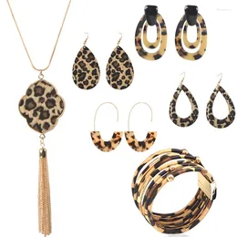 Necklace Earrings Set 10 Pcs Leopard Jewellery For Women Leather Bracelet Acrylic Hoop Drop Dangle Long Tassel Leo
