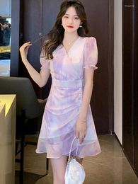 Party Dresses Summer Purple Chiffon Puff Sleeve V-Neck Midi Dress Fashion Casual Beach Outfits For Women 2024 Korean Elegant Bodycon