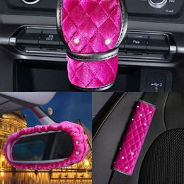 Upgrade Plush Car Gear Shift Handbrake Rearview Mirror Armrest Cover Shoulder Pad Set Pink Crystal Decor Set Car Accessories For Woman